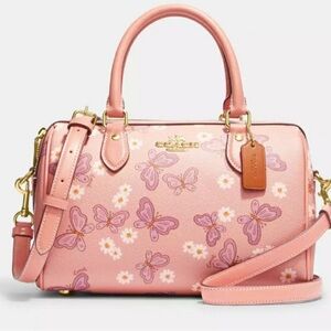 Coach Tan and Pink Rowan Satchel with Signature Butterfly Design